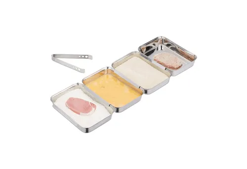 relaxdays Panierschale Panierstraße Edelstahl 5er Set - Panierset aus rostbeständigem Edelstahl für müheloses Panieren von Fleisch, Fisch und Gemüse. Die ineinanderhängenden Schalen verhindern Kleckern und sind spülmaschinenfest.