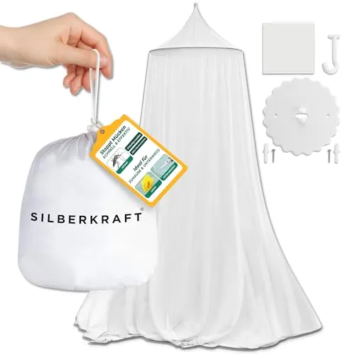 Silberkraft Betthimmel Moskitonetz mit Klebehaken - Moskitonetz für sicheren, chemiefreien Insektenschutz – ideal für Zuhause, Reisen und Camping. Mit Reißverschluss und bohrfreier Montage für einfachen Zugang und vielseitige Anwendung.