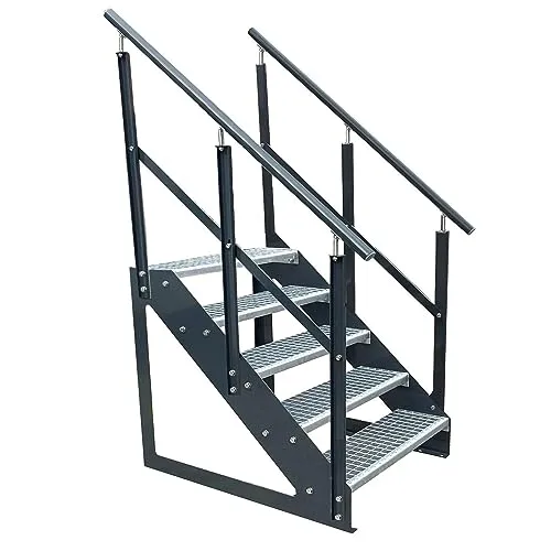 Kaminbau Mierzwa Premium Treppe Freistehend 5 Stufen(Verzinkt) beidseitigem Geländer (Breite 1400 mm) (Höhe 95cm) Wetterfest Gitterroststufe Gartentreppe