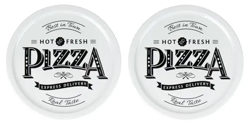 Lentz Pizzateller Ø 31cm mit Retro Schriftzug - 2er Set inkl. Pizzaschneider - Stilvolle Pizzateller aus robustem Porzellan mit fröhlichem Retro Design. Ideal für gesellige Abende, wahlweise mit praktischen Pizzaschneider. Spülmaschinen- und mikrowellengeeignet.