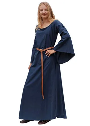 Battle-Merchant Mittelalter Kleid Burglinde, Damen, Blau, Gr. L - Unterkleid für Damen, hochwertiges Baumwollmaterial und vielseitig tragbar für Mittelalterveranstaltungen und LARP.