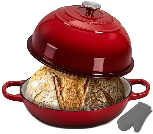 NutriChef Gusseisentopf zum Brotbacken 26 cm Dutch Oven Emailliert Rot – Mit Deckel und Griffen – Inkl. Silikonhandschuhe – Für Backofen und Induktion geeignet