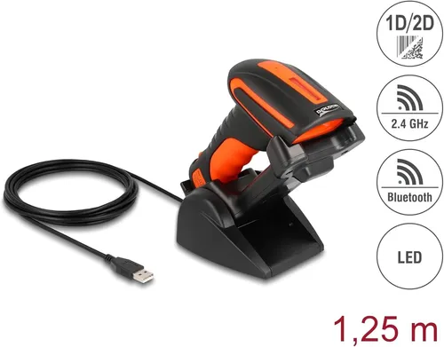 Delock Barcode-Scanner Handgerät - 120 Scans/Sek. - Barcodescanner mit USB 2.0, RF (2.4 GHz) und Bluetooth 4.1, ideal für schnelle und kabellose Datenerfassung in verschiedenen Anwendungen.