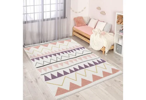 carpet city Kinderteppich - Zickzack-Motiv 140x200 cm - Teppiche fürs Kinderzimmer mit glanzvollem Zickzack-Motiv in sanften Farben, ideal als weiche Spielunterlage und schadstoffgeprüft für sorgenfreies Spielen.