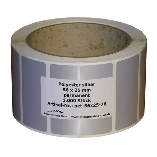 Typenschilder / Polyester Etiketten silber 56 x 25 mm - 1000 Stück - Hülse 76 mm