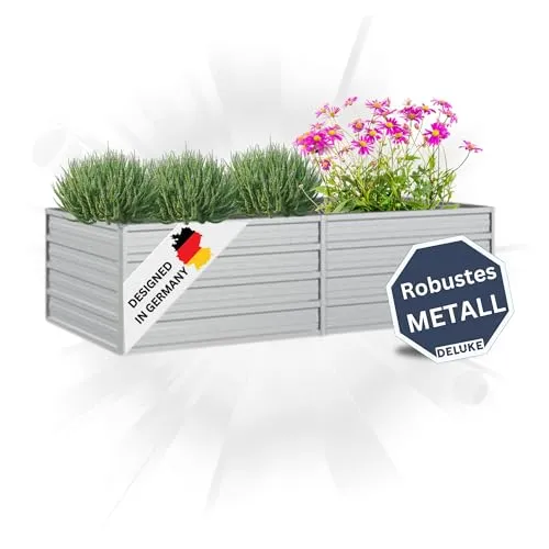 DELUKE Hochbeet für Garten Oskar Silber | 160x80x45cm | Verzinkter Stahl | Wetterfest | Gartenbeet Kräuterbeet Blumenbeet Beet hoch Frühbeet für Garten Gemüsebeet
