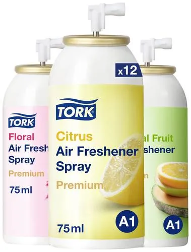 Tork 236056 Lufterfrischer Sprays Mixed Pack - 12er Set - Spray Lufterfrischer mit 4x Blütenduft, 4x Zitrusduft und 4x Fruchtduft. Neutralisiert unangenehme Gerüche und sorgt für eine einladende Atmosphäre in jedem Raum.