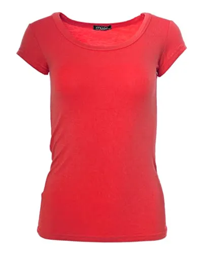 Easy Young Fashion - Damen Basic Rundhals T-Shirt - Kurzarm Unterziehshirt Skinny Fit 1001 - Rot M