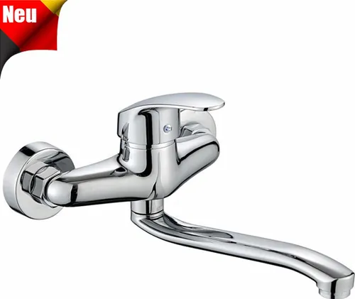 OKWISH Wandmontage Küchenarmatur mit Schwenkbarem Auslauf - Moderne Küchenarmatur für Wandmontage, platzsparend und mit hochwertigem Messingmaterial. Ideal für heiße und kalte Wasseranschlüsse, inklusive komplettes Installationsset.