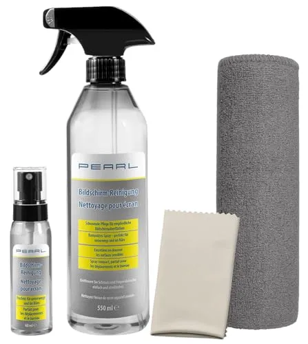PEARL Bildschirmreiniger: Bildschirm-Reinigungs-Set, 2 Sprays, 610ml, Mikrofasertuch, Poliertuch (Monitorreiniger, Handy-Bildschirmreiniger, Brillen)