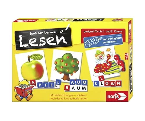 noris 606076340 Spaß am Lesen, Kinder Lernspiel zum Lesenlernen, Wort, Bildlesekarten und Buchstabensteine für Kindergarten, 1 und 2 Schulstufe, 1-4 Spieler, ab 5 Jahren
