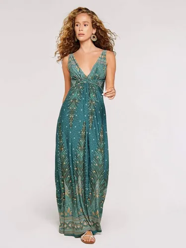 Apricot Maxikleid mit Taillenband und Paisleymuster - Modisches Maxikleid in Teal mit Taillenband und stylishem Paisleymuster, ideal für besondere Anlässe oder den Alltag.
