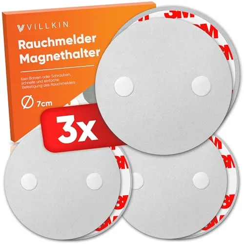 Villkin Rauchmelder Magnethalter - 3 Stück, ∅ 7cm - Magnetische Halterung für Feuer- und Rauchmelder ohne Bohren für alle Oberflächen - Schnelle und einfache Montage (3X, 7cm Durchmesser)