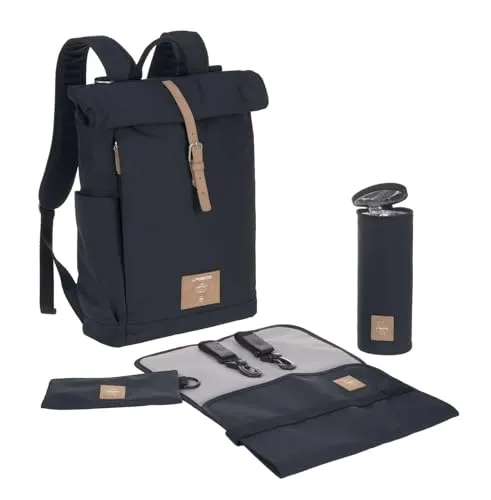 LÄSSIG Wickelrucksack Green Label Rolltop - Night Blue - Wickeltasche aus recyceltem Material, PETA-approved vegan, mit isoliertem Flaschenhalter und wasserabweisender Wickelunterlage - ideal für moderne Eltern.