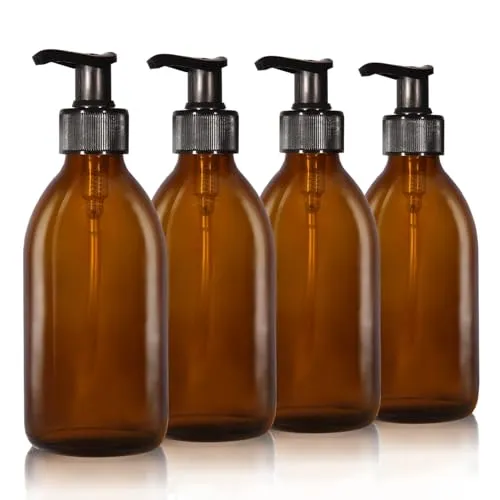 Oputec 4 x 250ml Seifenspender aus Glas: Extra sparsam bis -70% - Shampoo Flaschen zum Befüllen als Handseife-Spender, Pumpspender, Pumpflasche aus Braunglas für Küche & Badezimmer