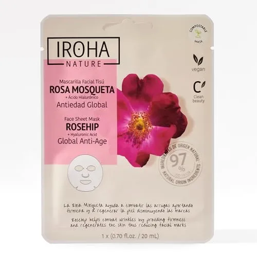 Iroha Nature GLOBAL ANTI-AGING Gesichtsmaske mit Hagebutte und Hyaluronsäure. Bekämpft Falten und Gesichtsflecken. FESTIGKEIT und ELASTIZITÄT