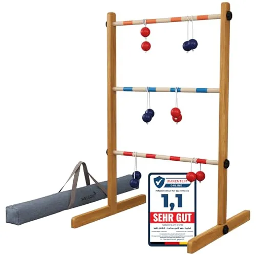 Wellgro Leitergolf aus Holz - Wurfspiel mit Aufbewahrungstasche - Spielbausteine für stundenlangen Spielspaß im Freien. Ideal für Kinder ab 3 Jahren, fördert Geschicklichkeit und Teamarbeit.