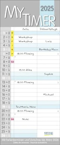 My Timer 2025: Familienkalender mit 2 breiten Spalten. Hochwertiger Familienplaner mit Ferienterminen und Vorschau bis März 2026.