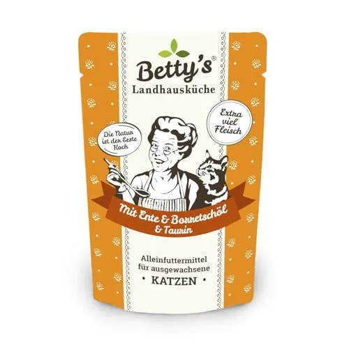 Betty's Landhausküche Frischebeutel Pouches Nassfutter Katze, Ente mit Borretschöl 100 g, getreidefrei, Beste Qualität, hochwertiges Fleisch, schonend gegart, hohe Bioverfügbarkeit