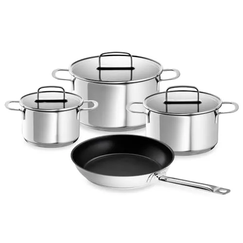 Schulte-Ufer Topfset Industar 4tlg. Edelstahl inkl. Testsieger Bratpfanne - Hochwertiges Topfset mit Stiftung Warentest Testsieger Bratpfanne (28 cm) und energiesparendem Allherd-Aluminium-Kapselboden, ideal für alle Herdarten, inkl. Induktion.