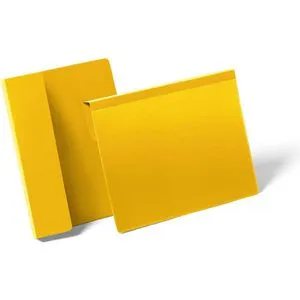 Durable Kennzeichnungstasche 172204 A5 quer, gelb - 50 Stück - Zubehör Lagereinrichtung mit Falz für einfaches Überhängen an Paletten oder Kartons. Dokumentenecht und scannertauglich, ideal für die sichere Kennzeichnung.