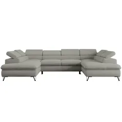 Ecksofa PETER U mit Schlaffunktion - Hellgrau Boucle - Modernes U-förmiges Sofa mit Schlaffunktion und zwei Bettkästen für optimalen Stauraum. Verstellbare Kopfstützen sorgen für individuellen Komfort. Ideal für stilvolle Wohnzimmer und flexible Nutzung.