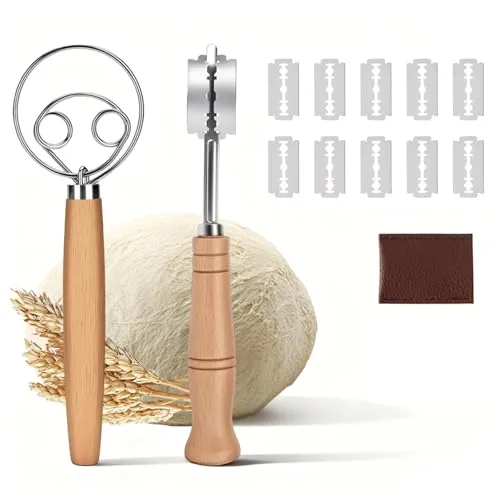 LIULINY 2 Stk Bäckermesser, Dänischer Schneebesen Brotmesser | Brotritzer Zum Einschneiden mit 10 Ersatzklingen für Gerade und Geschwungene Schnitte, für Torten Zubereiten und DIY Brotteig