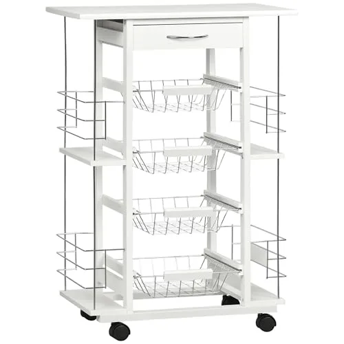 HOMCOM Servierwagen Küchenwagen mit Rollen Multi-Organisation 4 Körbe Metall Schublade + 4 Flaschenhalter Holz Kiefer weiß gekachelte Platte