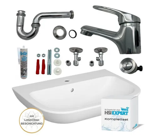 HGMBAD Waschbecken 60 cm Komplettset mit LotusClean Beschichtung - Waschbecken, modernes Design mit LotusClean Beschichtung für einfache Reinigung, inklusive Armatur und Siphon, ideal für Ihr Badezimmer.