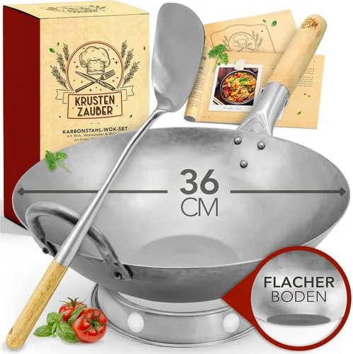 KRUSTENZAUBER 36cm Wokpfanne Induktion - Traditionelle Stahlpfanne für asiatische Gerichte, induktionsgeeignet, inklusive Wender und Wokring - ideal für gesellige Kochabende.