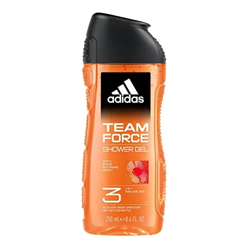 adidas, Team Force Duschgel 3-in-1 für Körper, Haare und Gesicht, vegane Formel, 250 ml