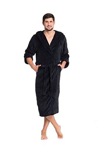ZOLLNER Bademantel für Damen und Herren Größe M, Mikrofaser schwarz - Bademantel aus 100% Polyester, pflegeleicht und schnell trocknend. Ideal für Wellness und Zuhause, mit praktischen Taschen und Gürtel für perfekten Sitz.