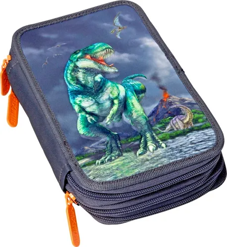 Spiegelburg 3D Triple-Federmäppchen T-Rex World, befüllt, 5-tlg. - Stiftköcher mit 3D-Design, befüllt mit 5 hochwertigen Schreibutensilien, perfekt für kleine Dinosaurier-Fans.