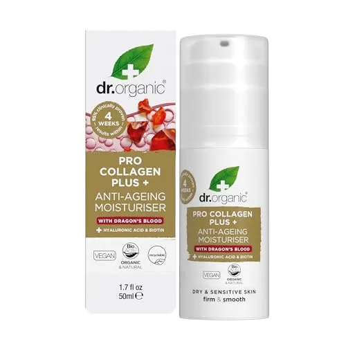 Dr Organic Pro Kollagen Plus Drachenblut, Hyaluronsäure, Biotin, Gesundes Altern, Falten, Trockene & Empfindliche Haut, Tierversuchsfrei, Paraben- & SLS-frei, Recycelt & Recyclebar, Bio, 50ml