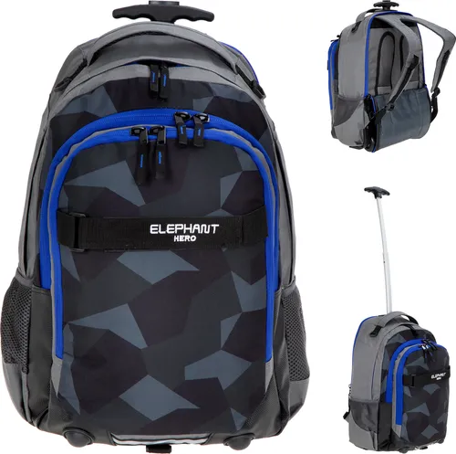 Elephant Trolley Hero Signature Trolleyrucksack - Cyber Camo Blau - Schulranzen mit 5-Sekunden-Trolley-Funktion, ideal für schwere Lasten, 2 große Fächer, und praktische Außentaschen für Sportbeutel oder Trinkflaschen.