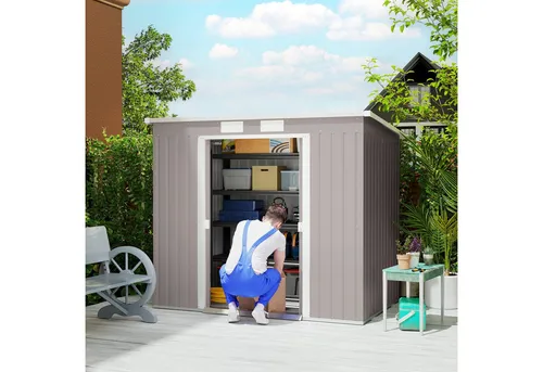 Outsunny Gerätehaus mit Pultdach, Abschließbarer Doppelschiebetür, Belüftung, Bodenrahmen, BxT: 213x130 cm, (Geräteschuppen, 2 St., Gartenhaus), für Hinterhof Garten, Hellgrau