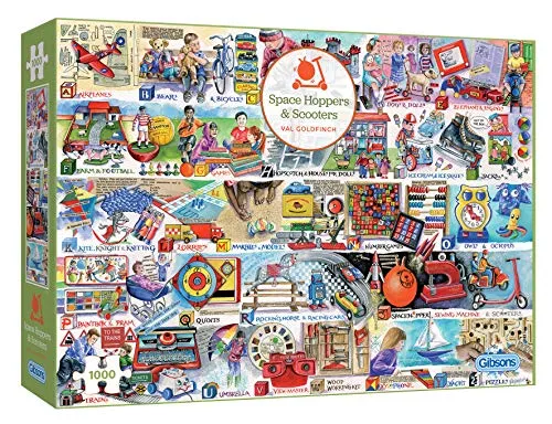 GIBSONS Puzzle Alphabet der Spiele und Spielzeuge 1000 Teile - Klassisches Puzzle mit 1000 Teilen, stabiler Karton und perfekter Passform. Entdecken Sie das farbenfrohe Design von Space Hoppers und Scootern – ideal für Kinder und Puzzle-Enthusiasten!
