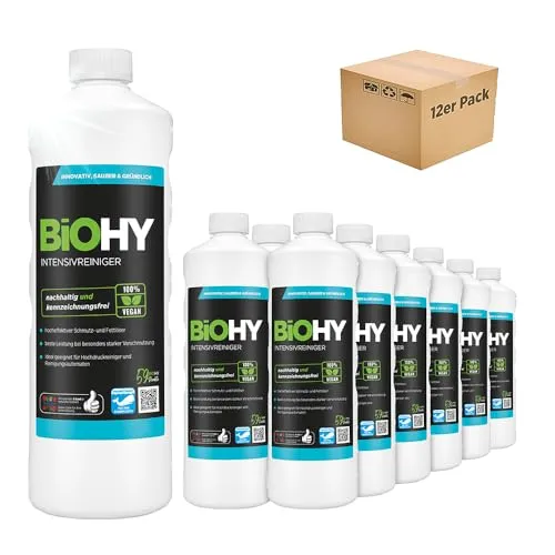 BiOHY Intensivreiniger Universal (12 x 1 Liter) - Allzweckreiniger für hochwirksame, nachhaltige Reinigung. Ideal für Hochdruckreiniger und Fugen, entfernt selbst hartnäckige Verschmutzungen schnell und schonend.