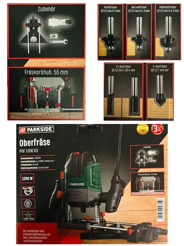 Oberfäse Parkside POF1200D3 Kantenfräse Holzfräse inkl. Fräsersatz & Zubehör