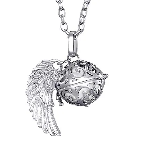 Morella Damen Schutzengel Halskette Edelstahl 70 cm mit Anhänger Engelsflügel und Klangkugel weiß Ø 16 mm in Schmuckbeutel