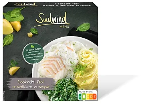 Seehecht Filet in Dillsauce mit Kartoffelpüree und Blattspinat – Fertiggerichte für die Mikrowelle / Wasserbad