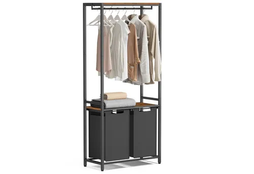 VASAGLE Vintage Wäschekorb mit 2 Fächern - Wäschekorb mit 2 Fächern und Kleiderstange, bietet 92 l Fassungsvermögen für effizientes Wäschesortieren, ideal für stilvolle Organisation im Schlafzimmer oder Bad.