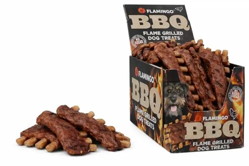 Hundeleckerli Flamingo BBQ Rippchen mit Huhn XL - Genießen Sie BBQ Rippchen XL mit Huhn für anspruchsvolle Hunde. Diese proteinreichen Snacks sind glutenfrei, getreidefrei und ohne Zuckerzusatz. Ideal für große Hunde und starke Kauer, bieten sie langen Kauspaß in einer praktischen 1,6 kg Großpackung.