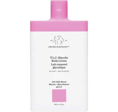 Drunk Elephant T.L.C. Glycolic Body Lotion 240 ml - Sanfte Hauterneuerung - Massageöl, 10% AHA-Mischung für sanftes Peeling und intensive Feuchtigkeitspflege, ideal für babyzarte Haut.