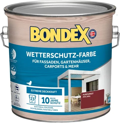 Bondex Wetterschutz-Farbe Purpurrot RAL 3004 - 2,5 Liter - Lacke für Holz im ansprechenden purpurrot RAL 3004, bietet hervorragenden Schutz für Außenanwendungen mit empfohlenen 2 Anstrichen.