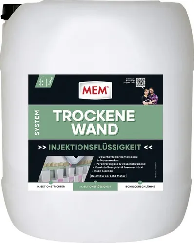 MEM System Trockene Wand Injektionsflüssigkeit 30 l - Baustoffe zur dauerhaften Horizontalsperre, ideal gegen aufsteigende Feuchtigkeit in allen Mauerwerken, einfach anzuwenden und frostbeständig nach Aushärtung.