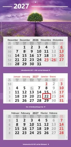 Bildkalender 3-Monatskalender 2027 Kombi Bürokalender (Lavendel Feld) | Wandkalender mit Panorama Bild