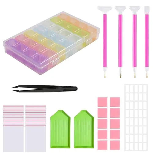 UESDU Diamond Painting Aufbewahrungsbox Set, 28 Grids Perlenbox DIY 5D Diamont Painting Zubehör Boxen mit Stift Sortierboxen für Kleinteile Stickgarn Organizer Box für Nail Art