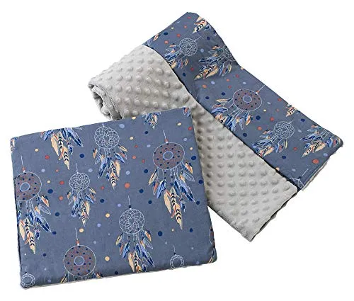 Medi Partners Babydecke Krabbeldecke mit Kissen 100% Baumwolle Minky Kinderdecke groß zweiseitig 75x100 + 35x30cm multifunktional für Bett Kinderwagen (Traumfänger mit grauen Minky)