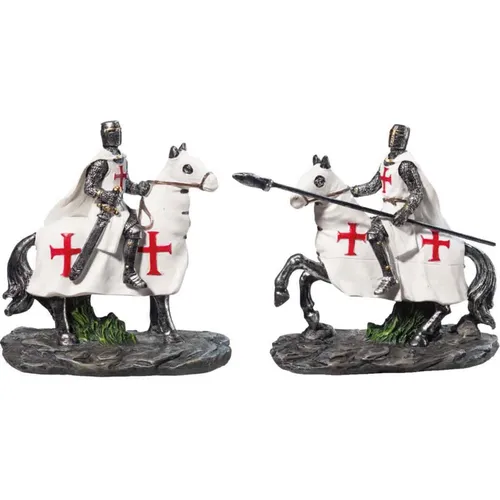 2er Set Deko Figuren Templer Ritter mit Schwert und Lanze auf Pferd